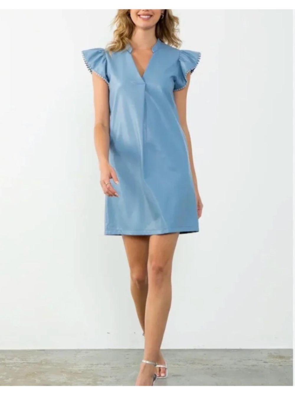 THML faux leather blue dress flutter sleeves v neck Small S